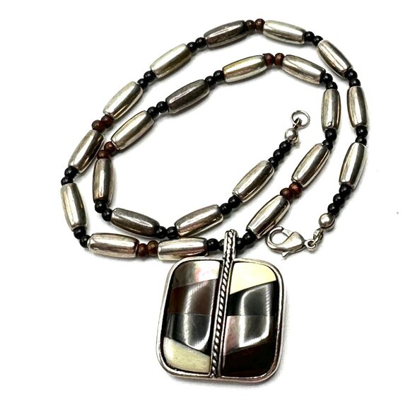 Vintage Jack Woolsey Silver Inlay Pendant Necklace—MOP, Onyx, Jasper, Bone—EUC - Picture 3 of 11